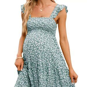 Maternity Dress Summer Sleeveless Smocked Square Neck Ruffle Midi Dress Baby